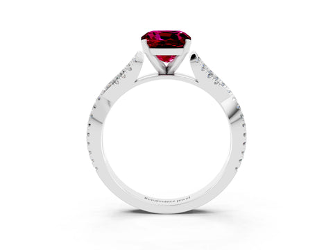 White gold Cushion Cut Garnet Solitaire Engagement Ring with Twisted Pavé Band and Four-Prong Setting_15