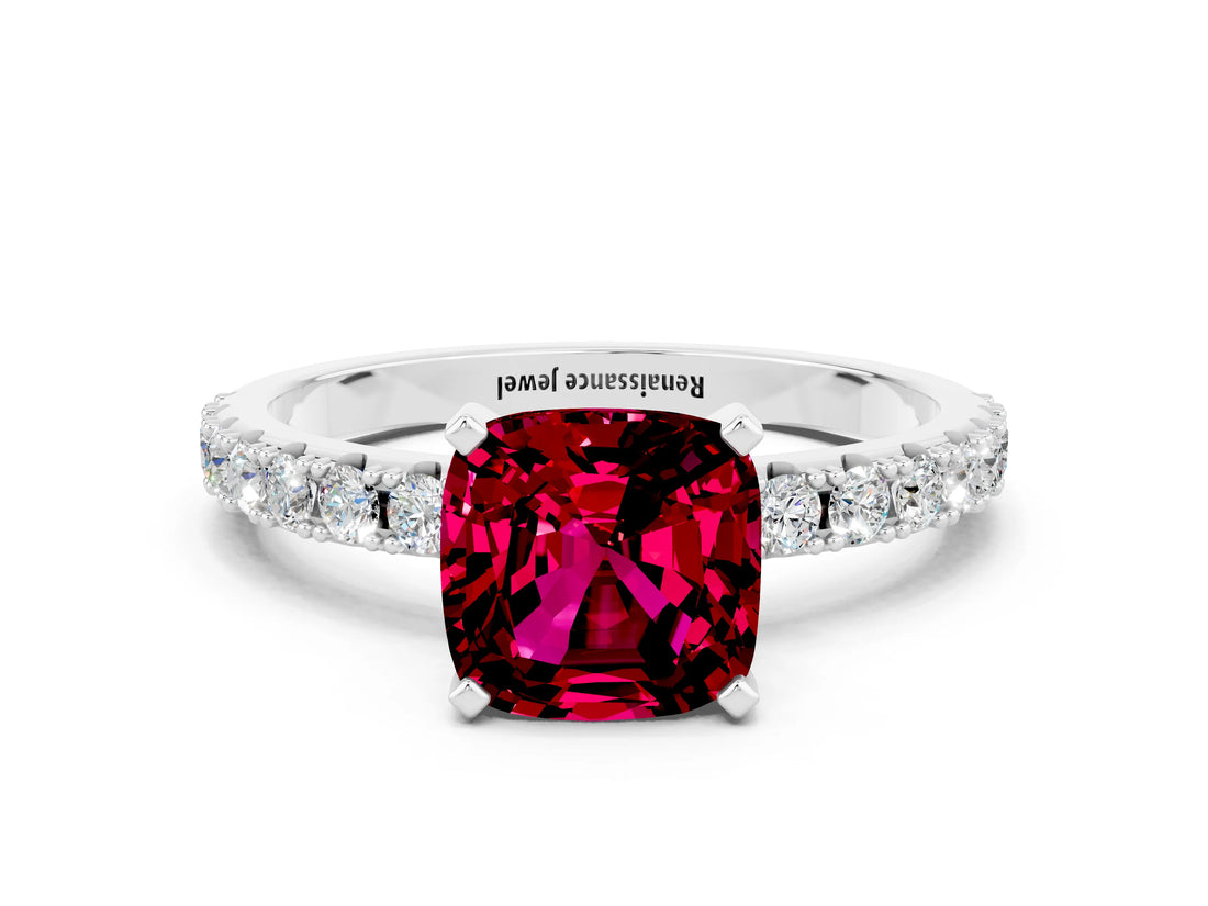 White gold Cushion Cut Garnet Solitaire Pavé Band with Four-Prong Setting