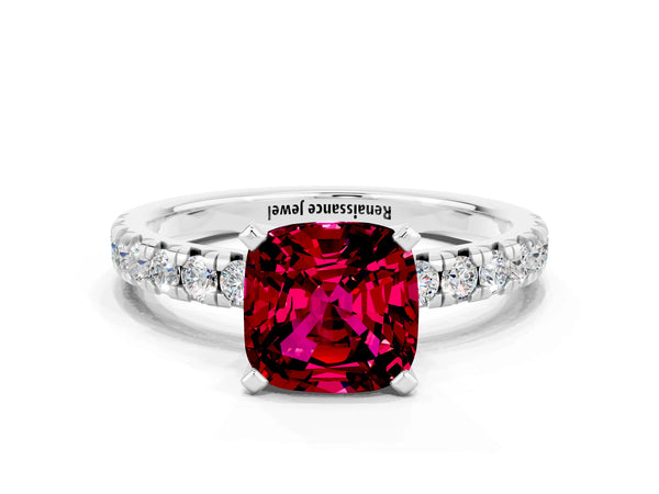 White gold Cushion Cut Garnet Solitaire Pavé Engagement Ring with Round Band and Prong Setting