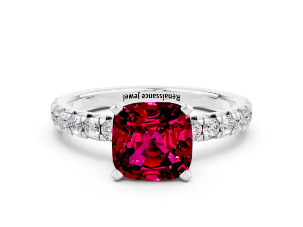 Platinum Cushion Cut Garnet Solitaire Pavé Engagement Ring with Round Band and Prong Setting