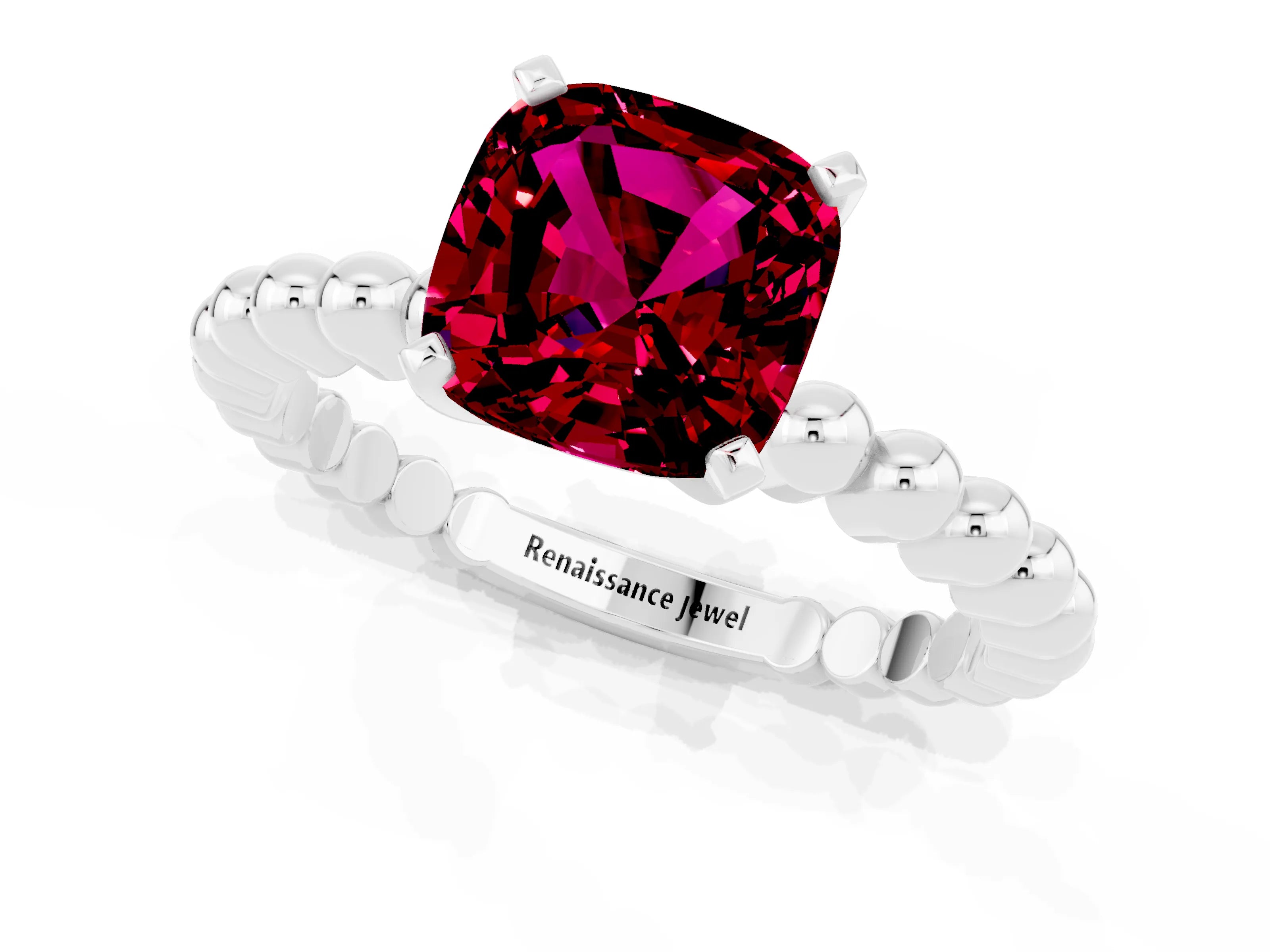 White gold Cushion Cut Garnet Solitaire Ring with Beaded Band and Prong Setting_31