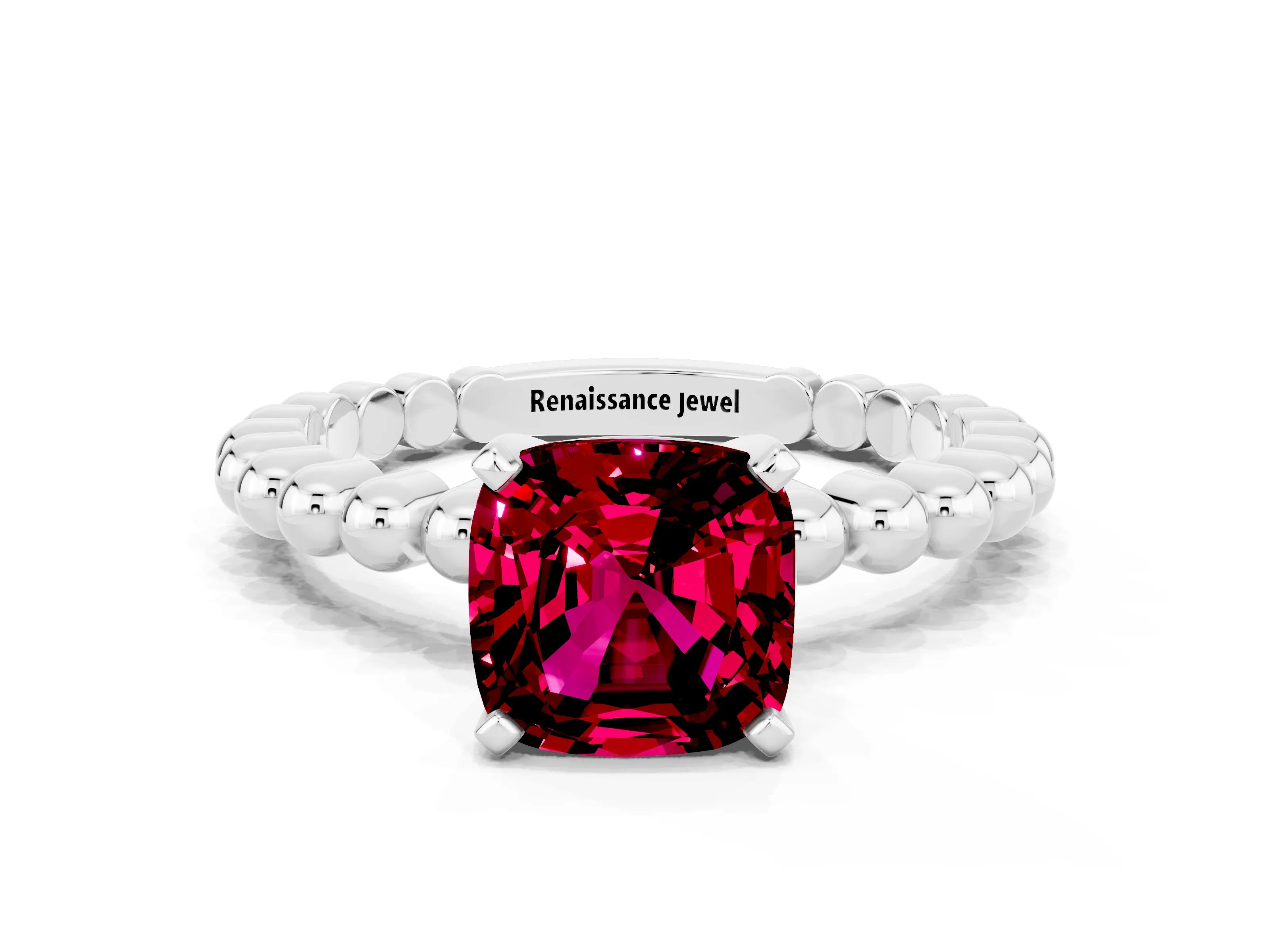 White gold Cushion Cut Garnet Solitaire Ring with Beaded Band and Prong Setting_32