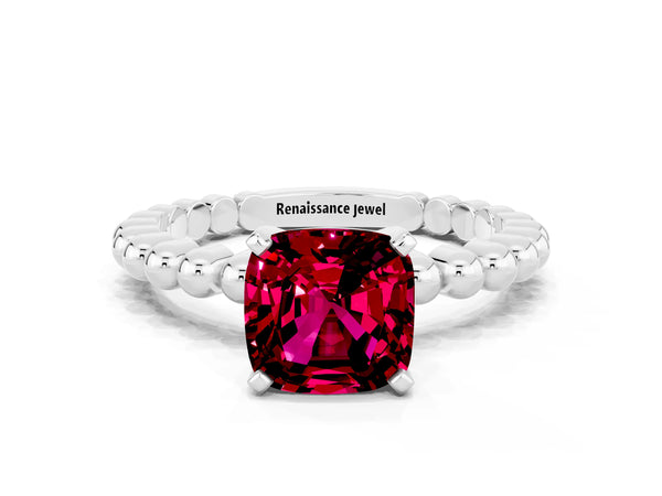 Platinum Cushion Cut Garnet Solitaire Ring with Beaded Band and Prong Setting