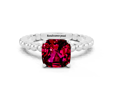 White gold Cushion Cut Garnet Solitaire Ring with Beaded Band and Prong Setting_32