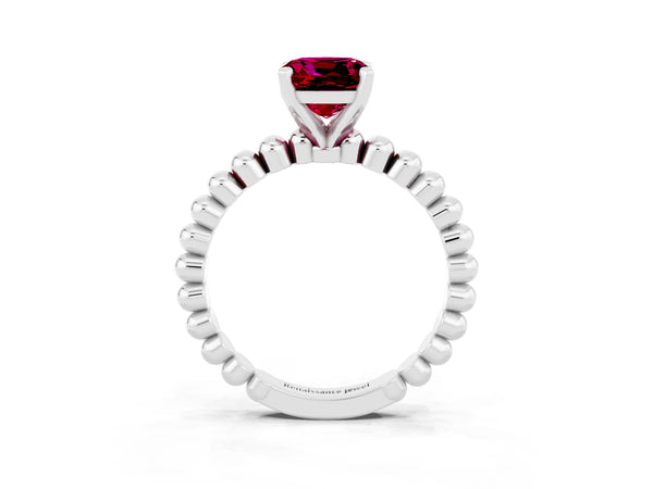 Silver Cushion Cut Garnet Solitaire Ring with Beaded Band and Prong Setting