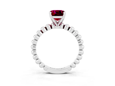 White gold Cushion Cut Garnet Solitaire Ring with Beaded Band and Prong Setting_33