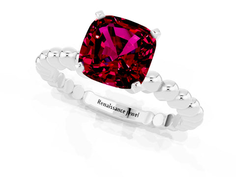 White gold Cushion Cut Garnet Solitaire Ring with Beaded Band and Prong Setting_33