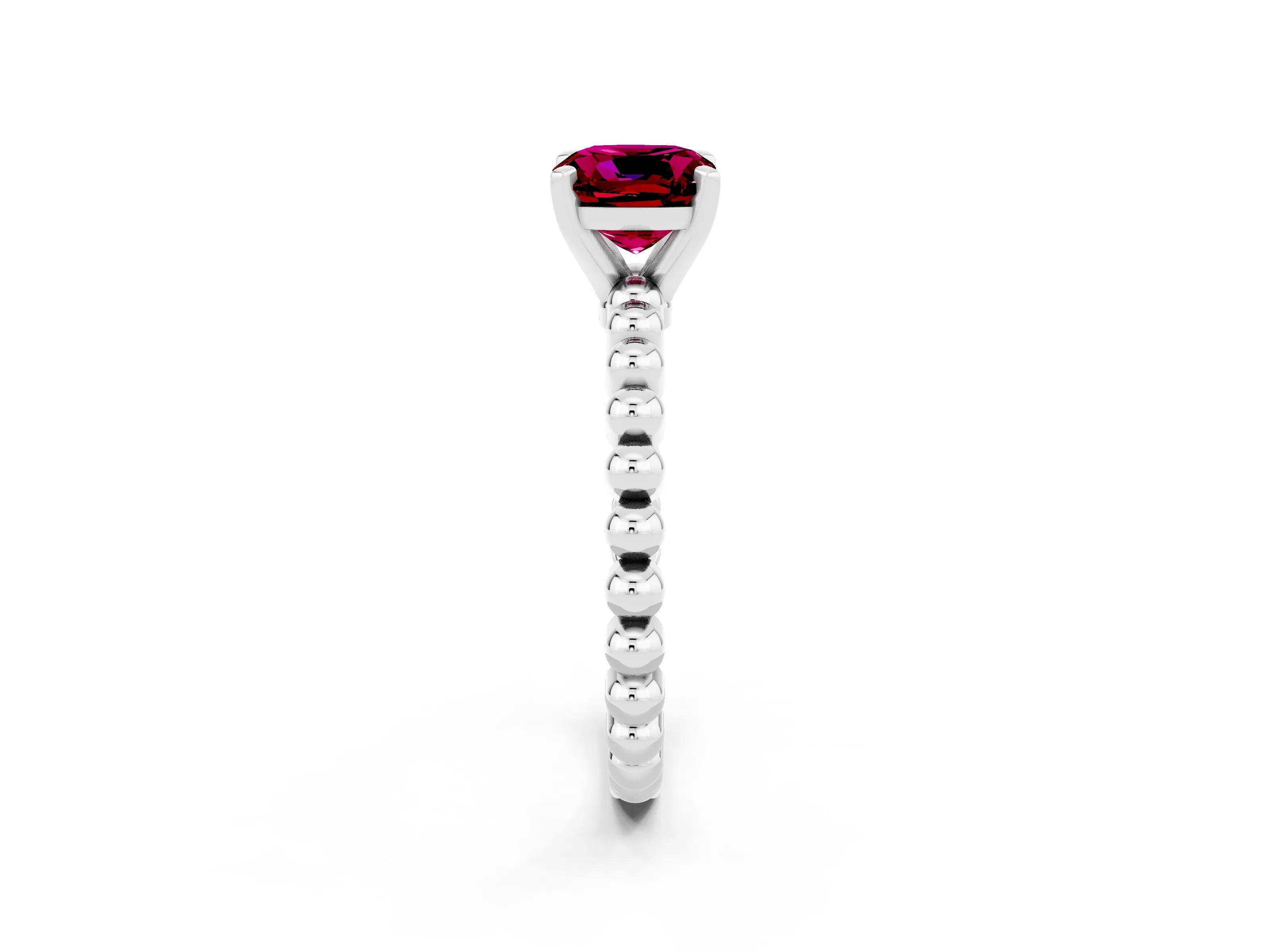 White gold Cushion Cut Garnet Solitaire Ring with Beaded Band and Prong Setting_34