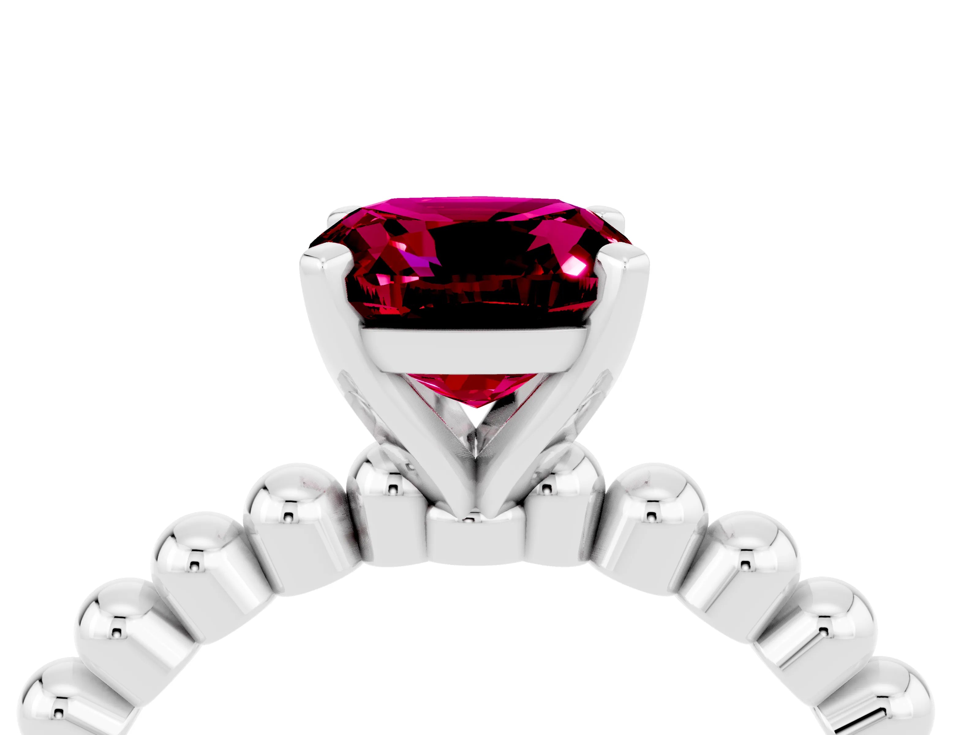 White gold Cushion Cut Garnet Solitaire Ring with Beaded Band and Prong Setting_36
