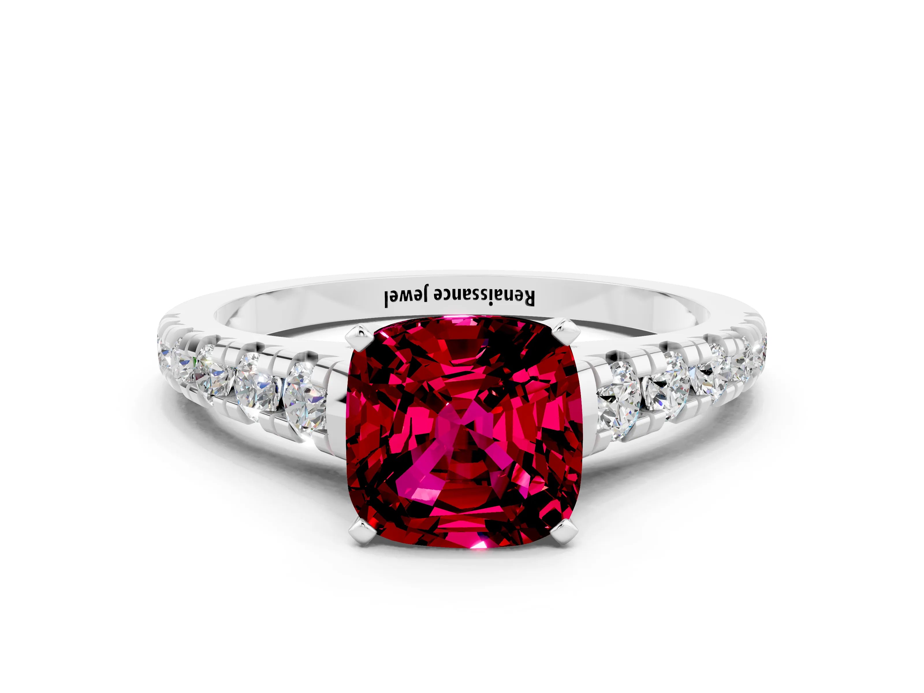 White gold Cushion Cut Garnet Solitaire Ring with Cathedral Setting and Pavé Band