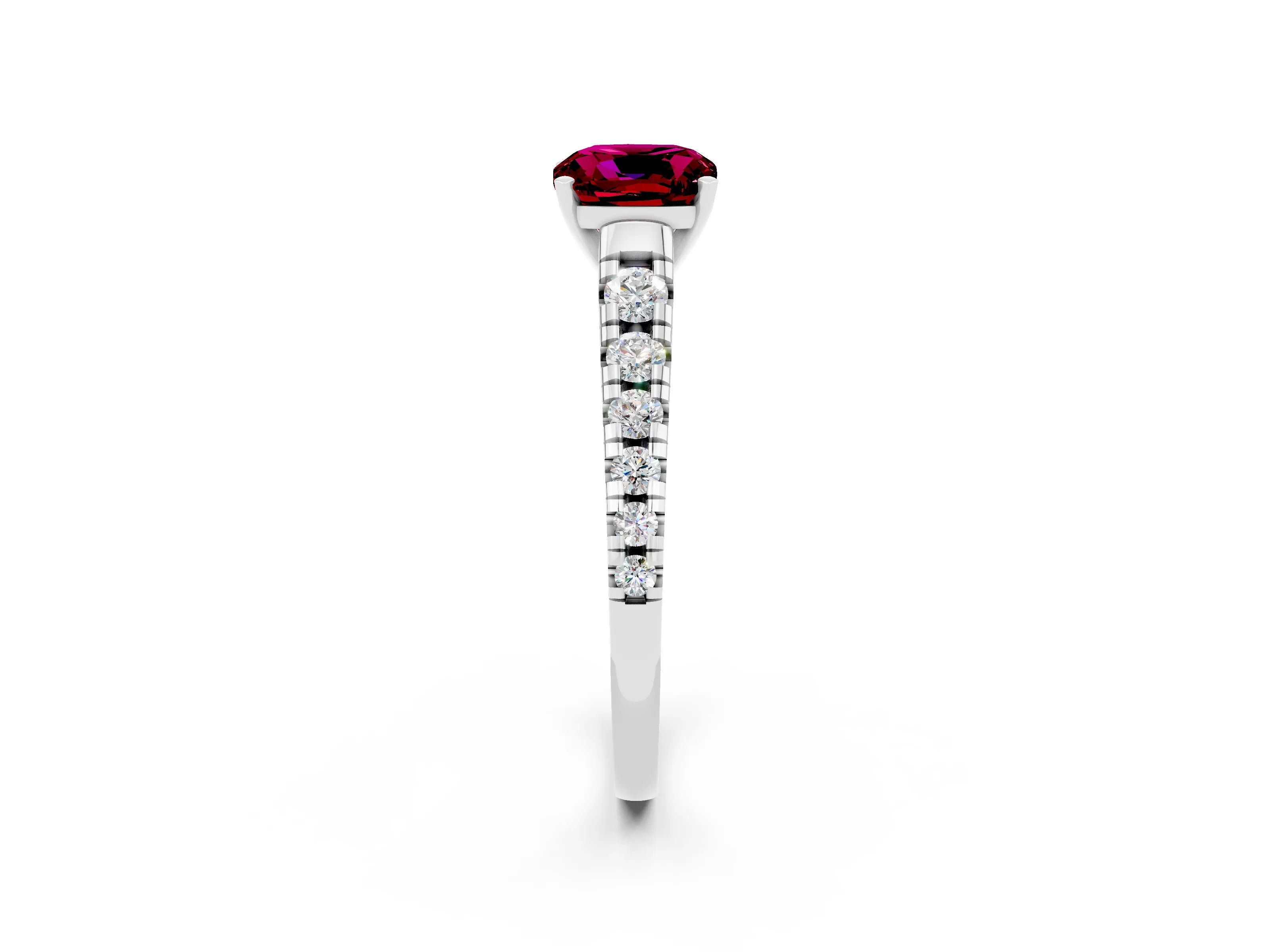 White gold Cushion Cut Garnet Solitaire Ring with Cathedral Setting and Pavé Band_2