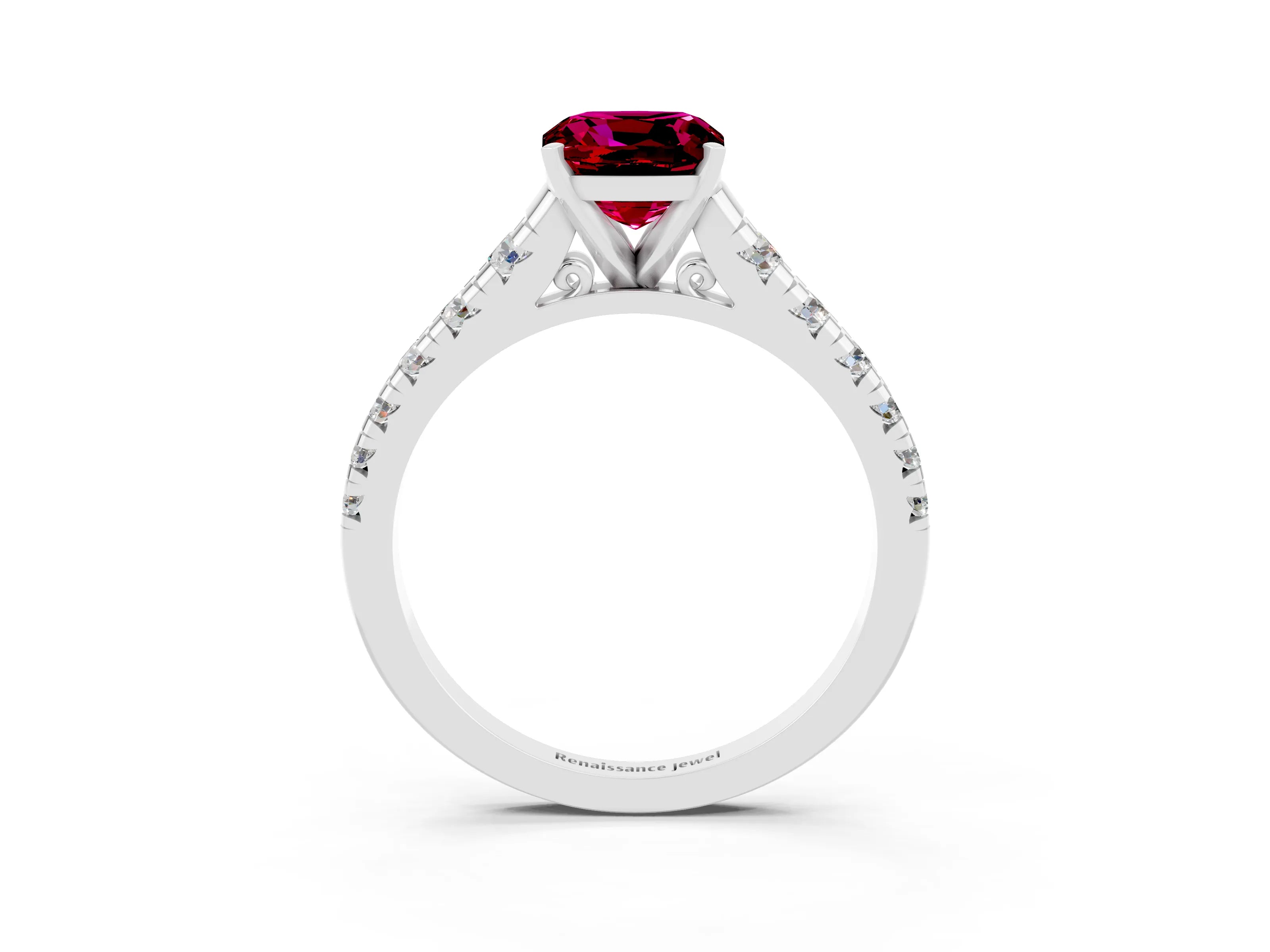 White gold Cushion Cut Garnet Solitaire Ring with Cathedral Setting and Pavé Band_3