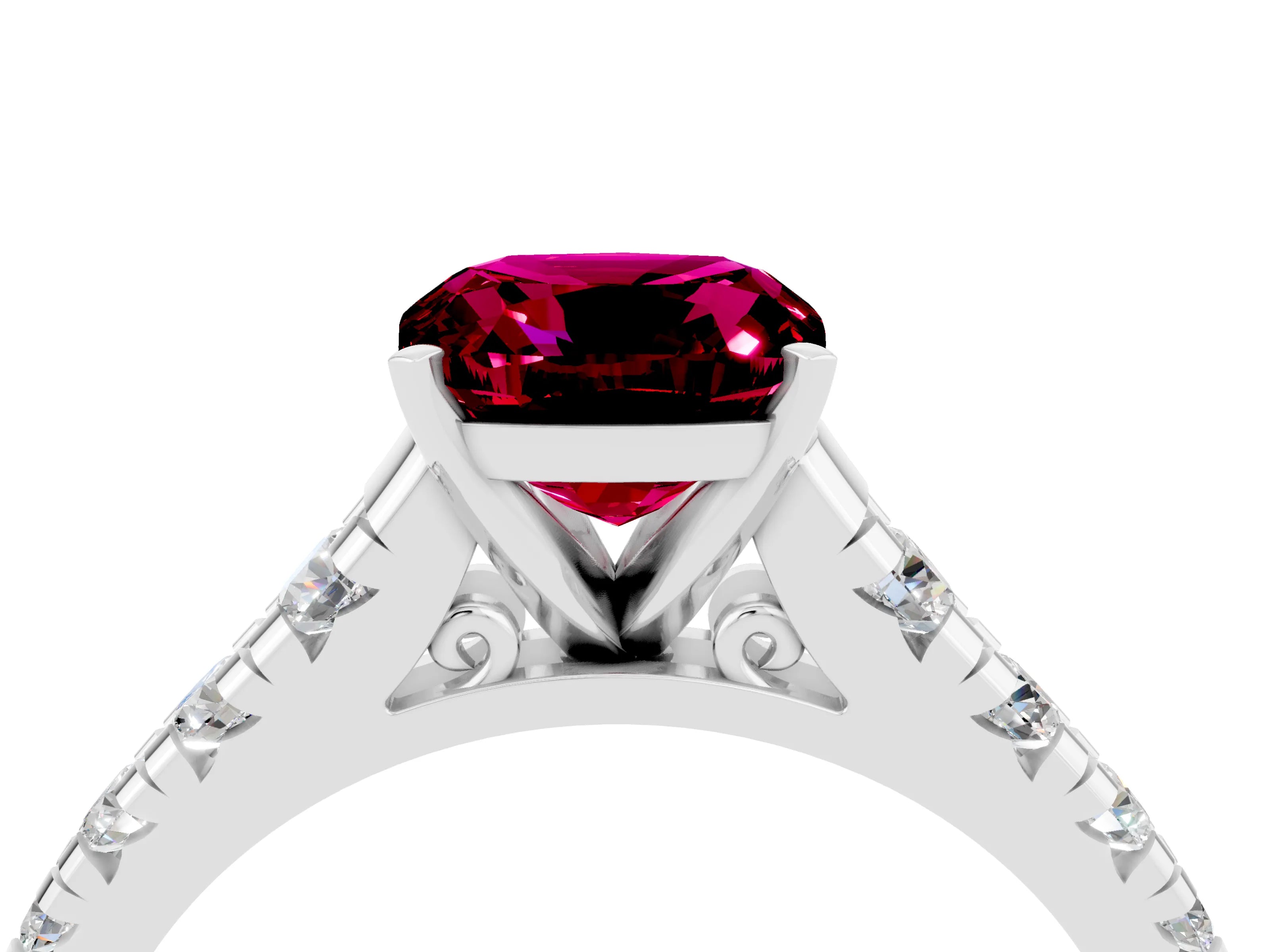White gold Cushion Cut Garnet Solitaire Ring with Cathedral Setting and Pavé Band_4