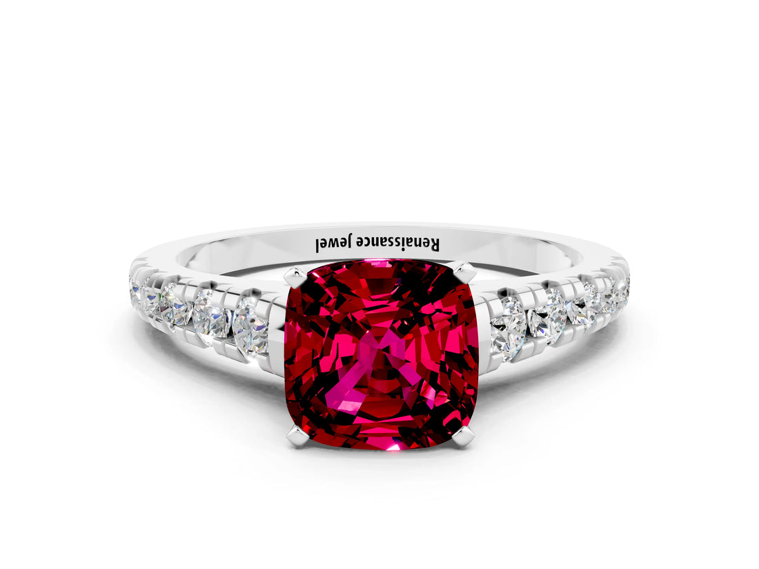 White gold Cushion Cut Garnet Solitaire Ring with Cathedral Setting and Pavé Band