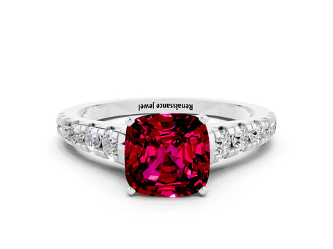 White gold Cushion Cut Garnet Solitaire Ring with Cathedral Setting and Pavé Band