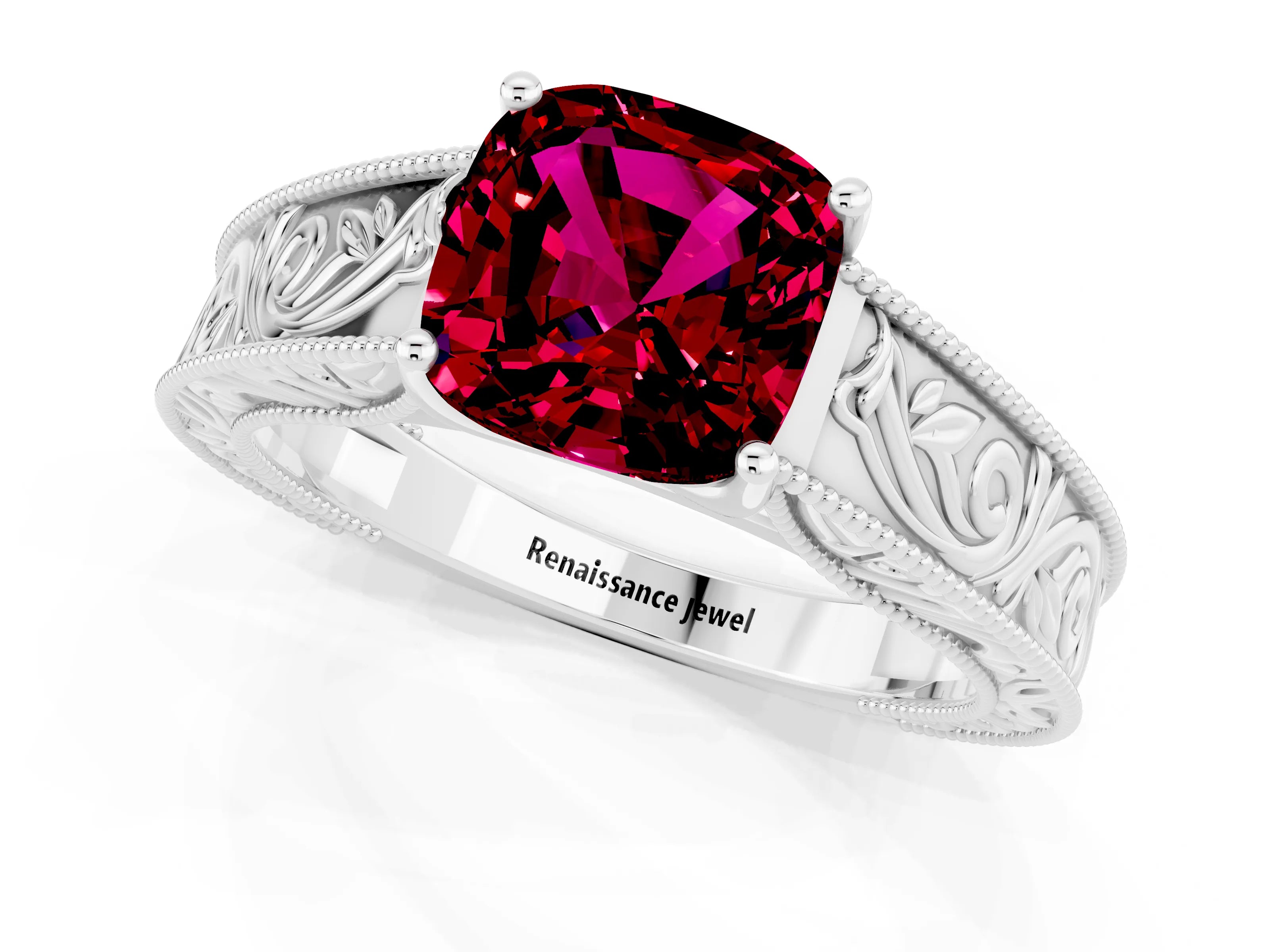 White gold Cushion Cut Garnet Solitaire Ring with Engraved Band and Four-Prong Setting_1