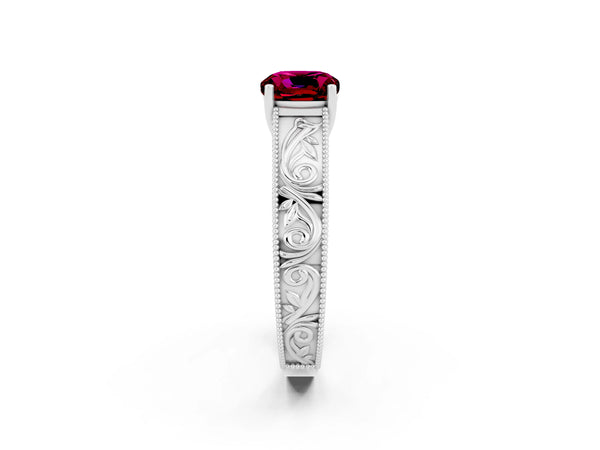 White gold Cushion Cut Garnet Solitaire Ring with Engraved Band and Four-Prong Setting