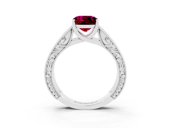 Silver Cushion Cut Garnet Solitaire Ring with Engraved Band and Four-Prong Setting