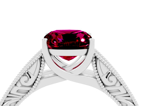 White gold Cushion Cut Garnet Solitaire Ring with Engraved Band and Four-Prong Setting_4