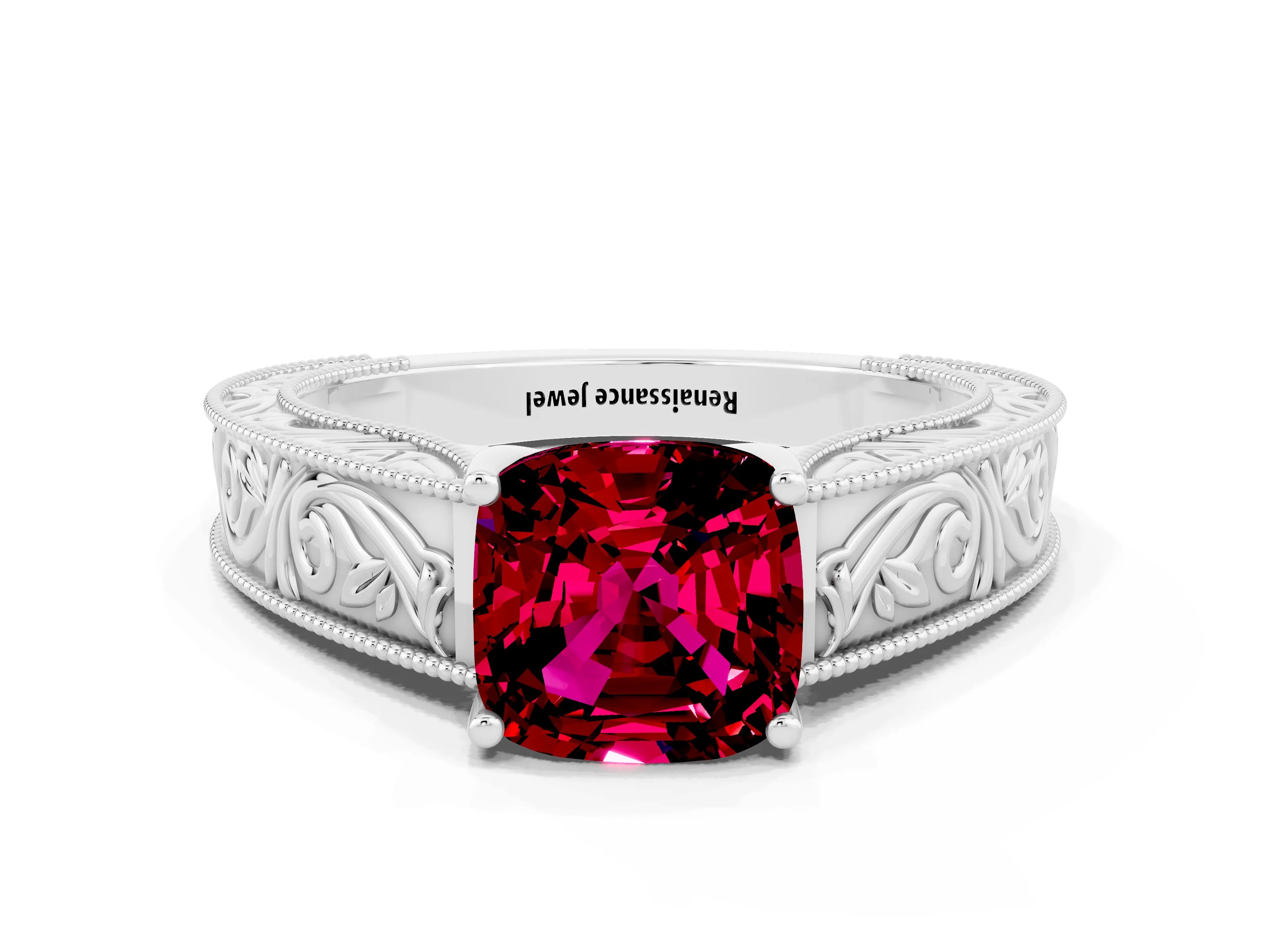 White gold Cushion Cut Garnet Solitaire Ring with Engraved Band and Four-Prong Setting