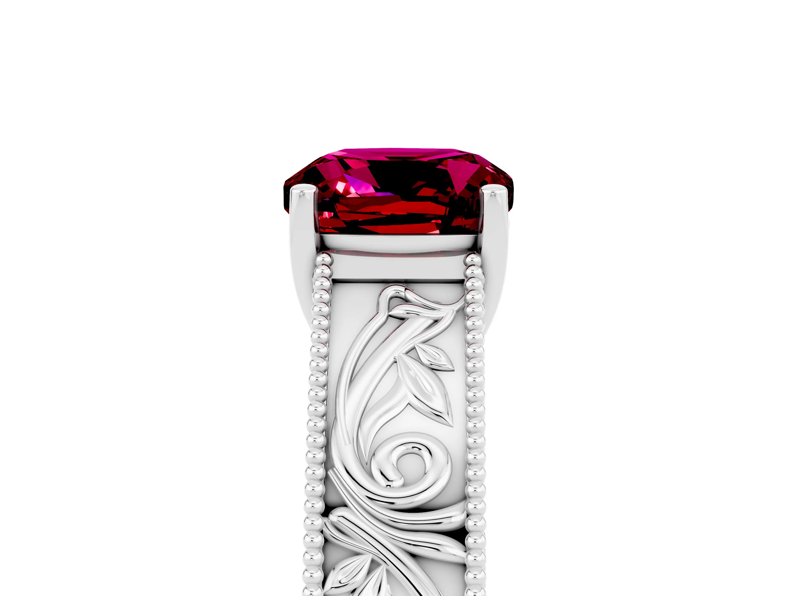 White gold Cushion Cut Garnet Solitaire Ring with Engraved Band and Four-Prong Setting_5