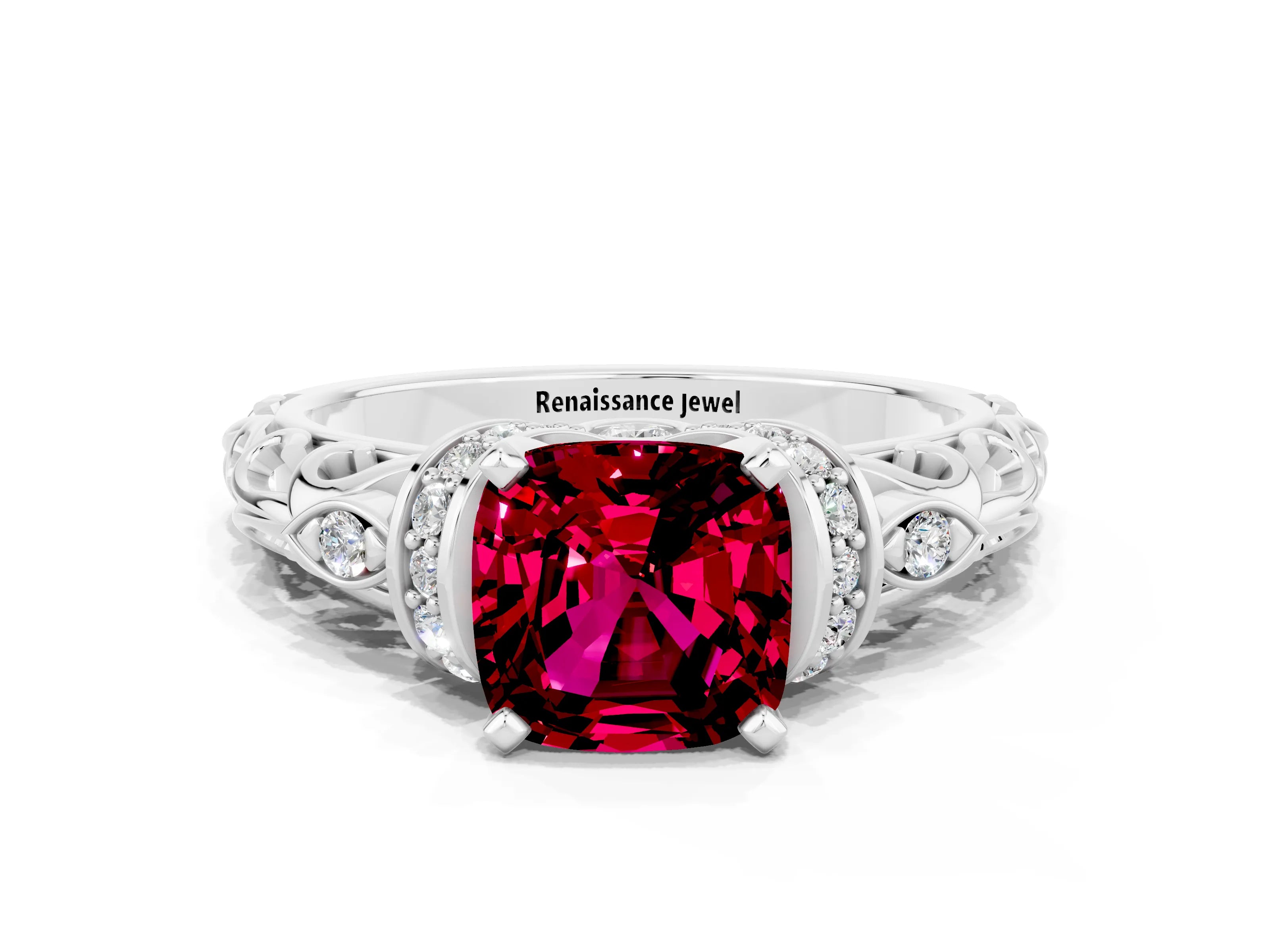 White gold Cushion Cut Garnet Solitaire Ring with Filigree Band and Four-Prong Setting_24