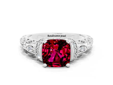 White gold Cushion Cut Garnet Solitaire Ring with Filigree Band and Four-Prong Setting_24