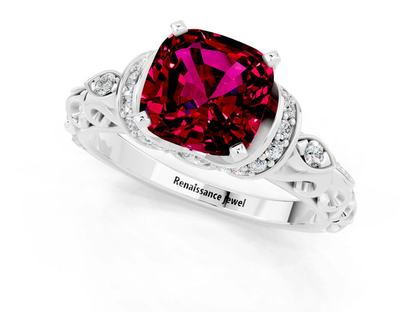 Platinum Cushion Cut Garnet Solitaire Ring with Filigree Band and Four-Prong Setting