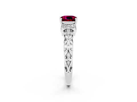 White gold Cushion Cut Garnet Solitaire Ring with Filigree Band and Four-Prong Setting_26