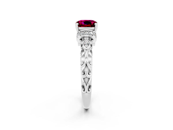 Silver Cushion Cut Garnet Solitaire Ring with Filigree Band and Four-Prong Setting