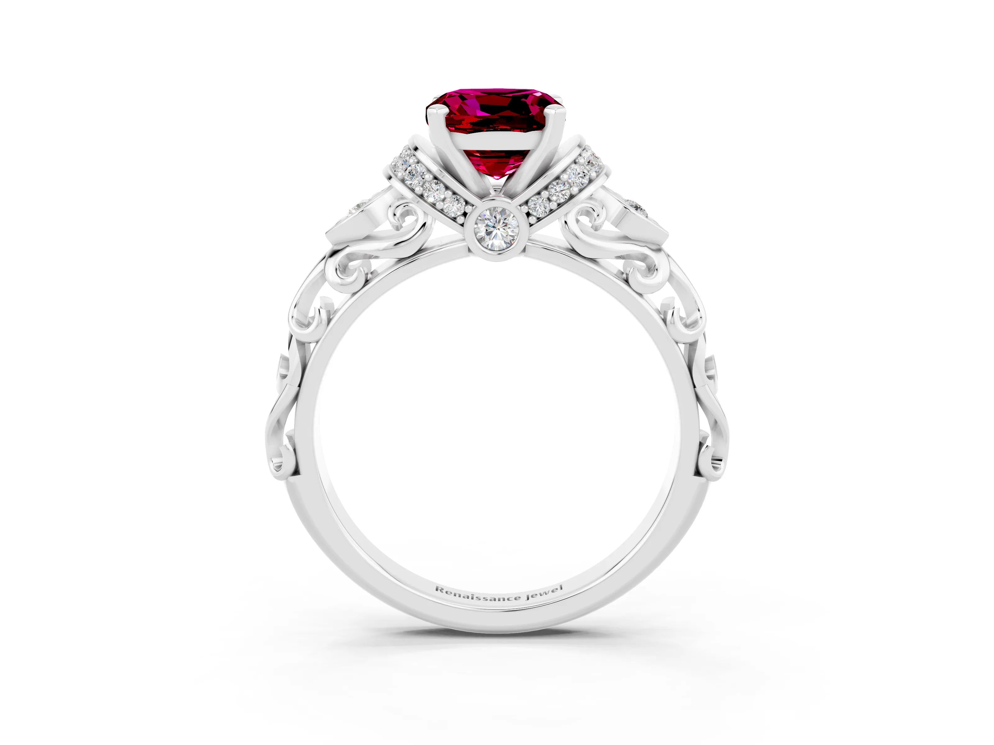 White gold Cushion Cut Garnet Solitaire Ring with Filigree Band and Four-Prong Setting_27