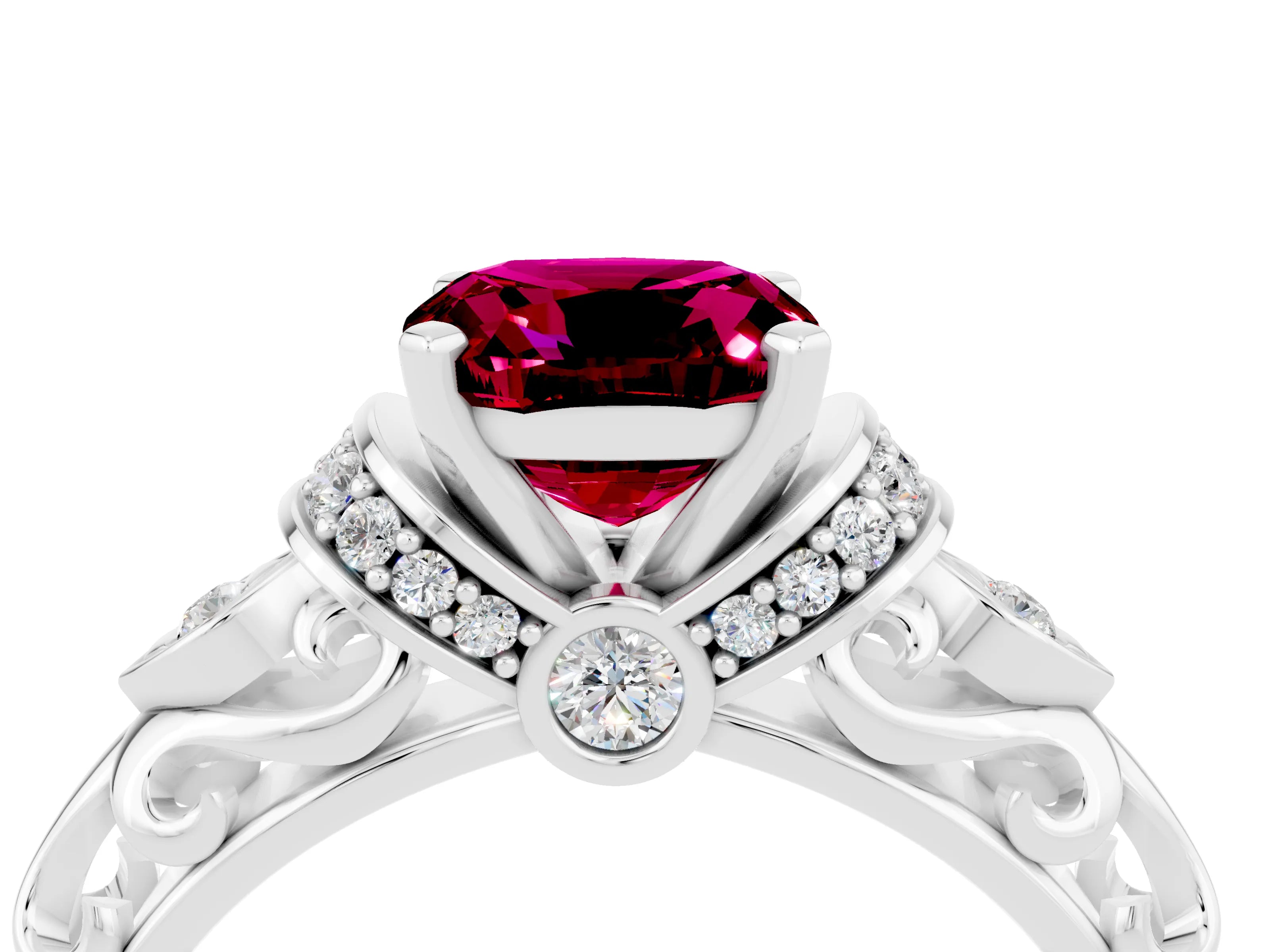 White gold Cushion Cut Garnet Solitaire Ring with Filigree Band and Four-Prong Setting_28