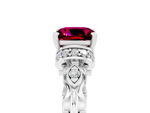 White gold Cushion Cut Garnet Solitaire Ring with Filigree Band and Four-Prong Setting_29