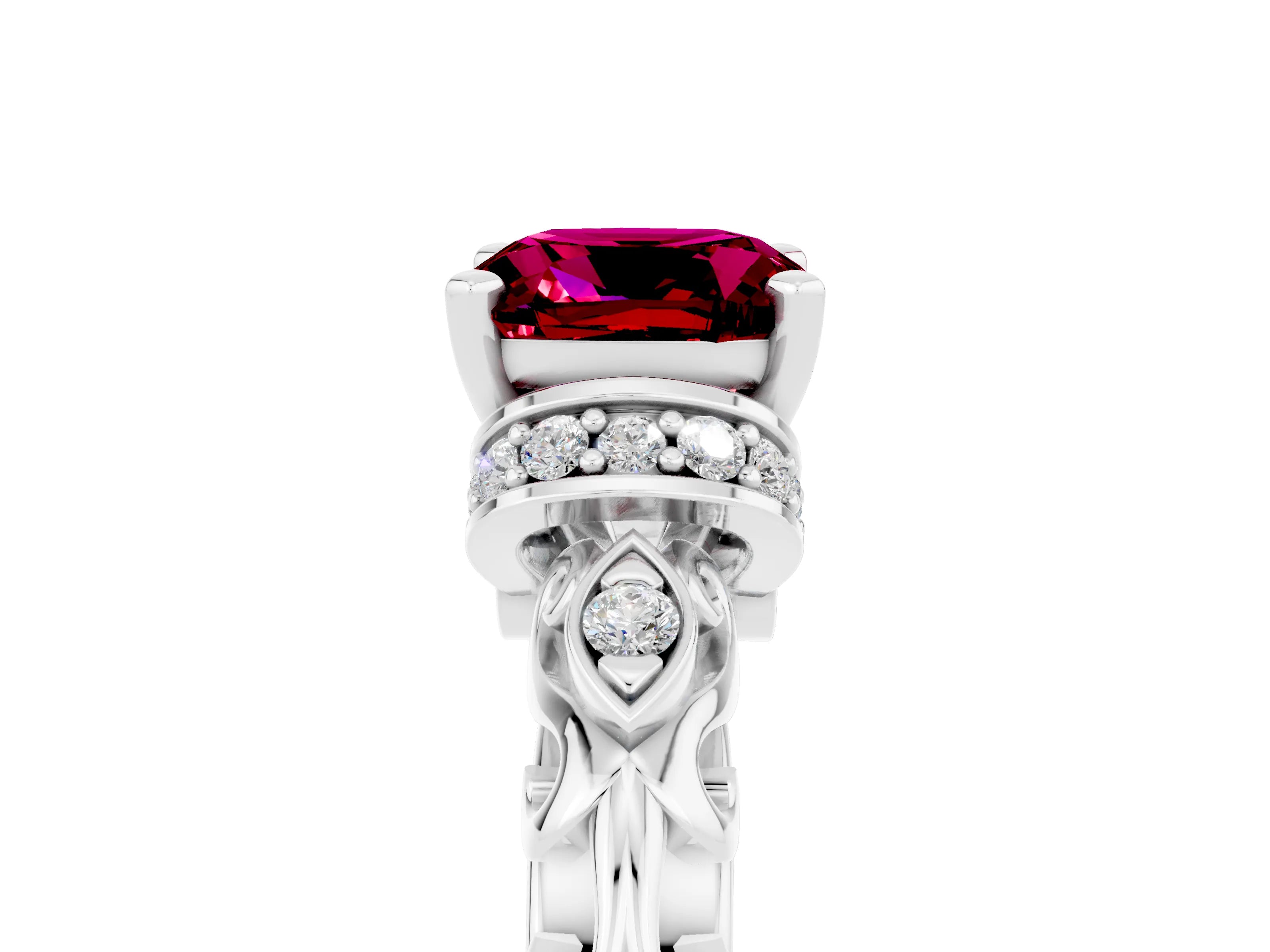 White gold Cushion Cut Garnet Solitaire Ring with Filigree Band and Four-Prong Setting_29