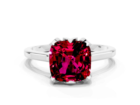 White gold Cushion Cut Garnet Solitaire Ring with Flower Prong Setting and Classic Band_12