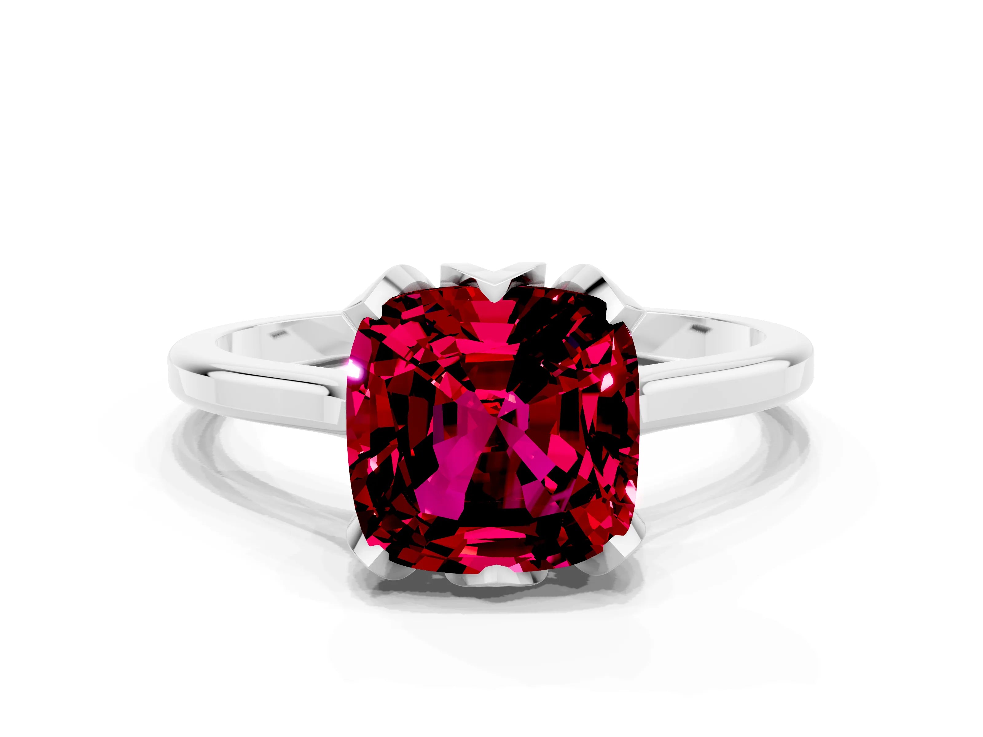 White gold Cushion Cut Garnet Solitaire Ring with Flower Prong Setting and Classic Band_12