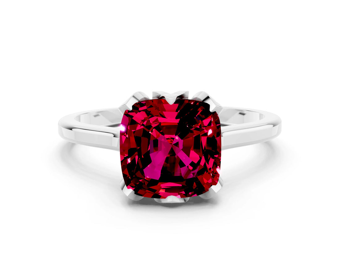 White gold Cushion Cut Garnet Solitaire Ring with Flower Prong Setting and Classic Band_12