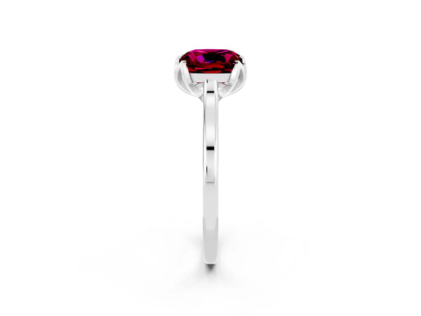 White gold Cushion Cut Garnet Solitaire Ring with Flower Prong Setting and Classic Band
