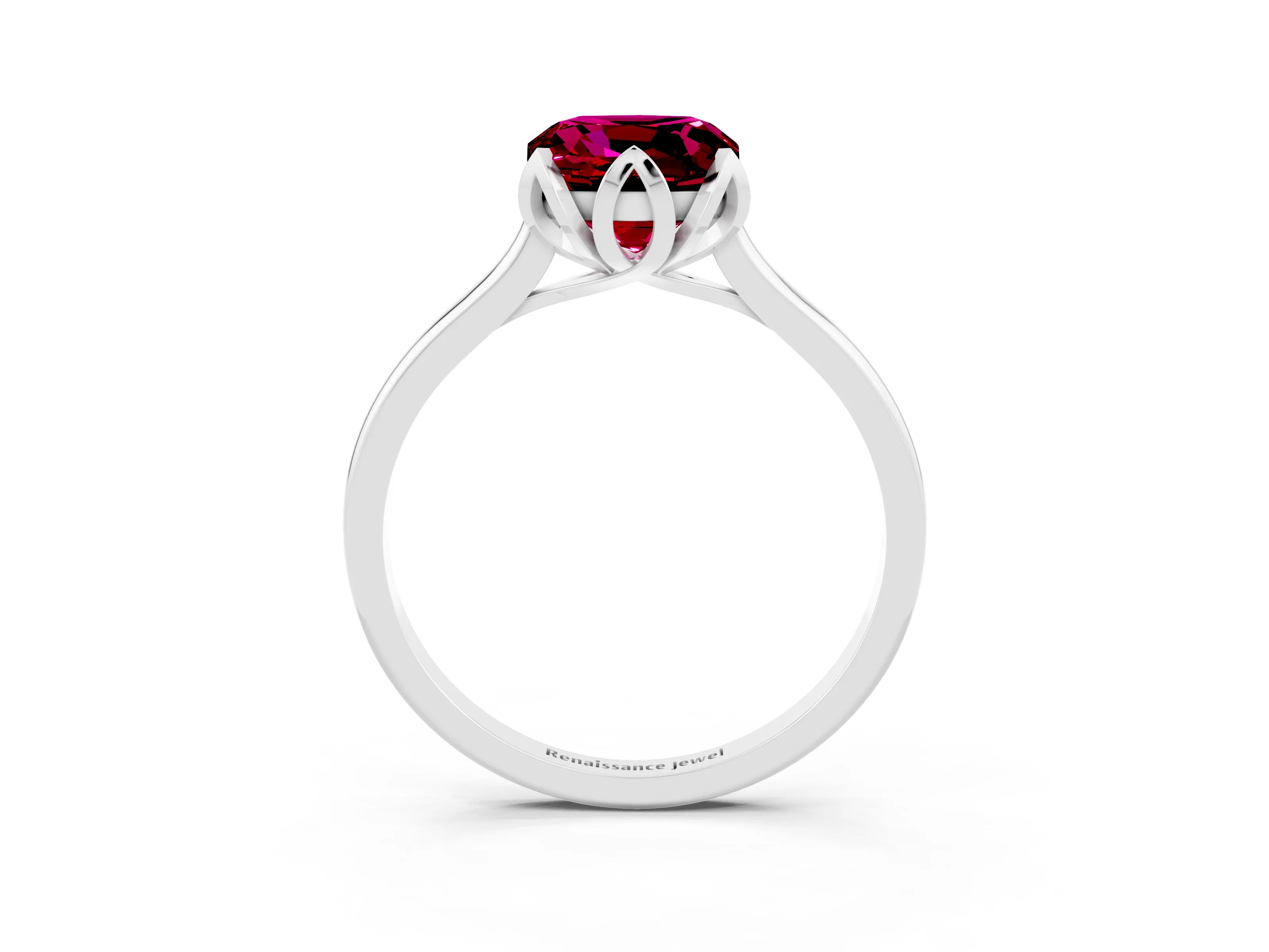 White gold Cushion Cut Garnet Solitaire Ring with Flower Prong Setting and Classic Band_15