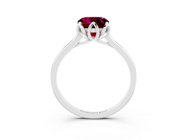 Silver Cushion Cut Garnet Solitaire Ring with Flower Prong Setting and Classic Band