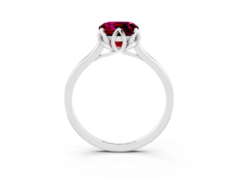 White gold Cushion Cut Garnet Solitaire Ring with Flower Prong Setting and Classic Band_15