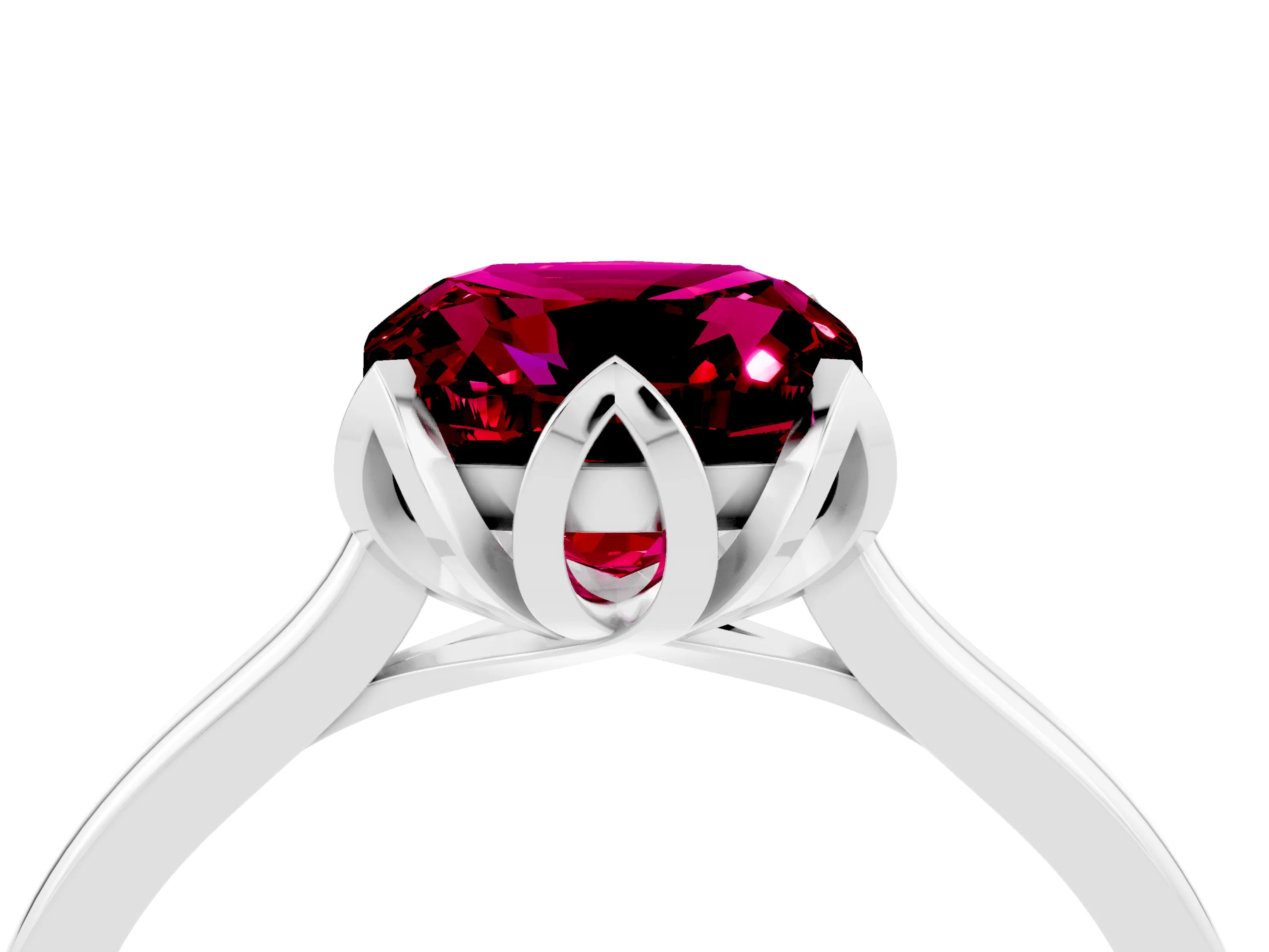 White gold Cushion Cut Garnet Solitaire Ring with Flower Prong Setting and Classic Band_16