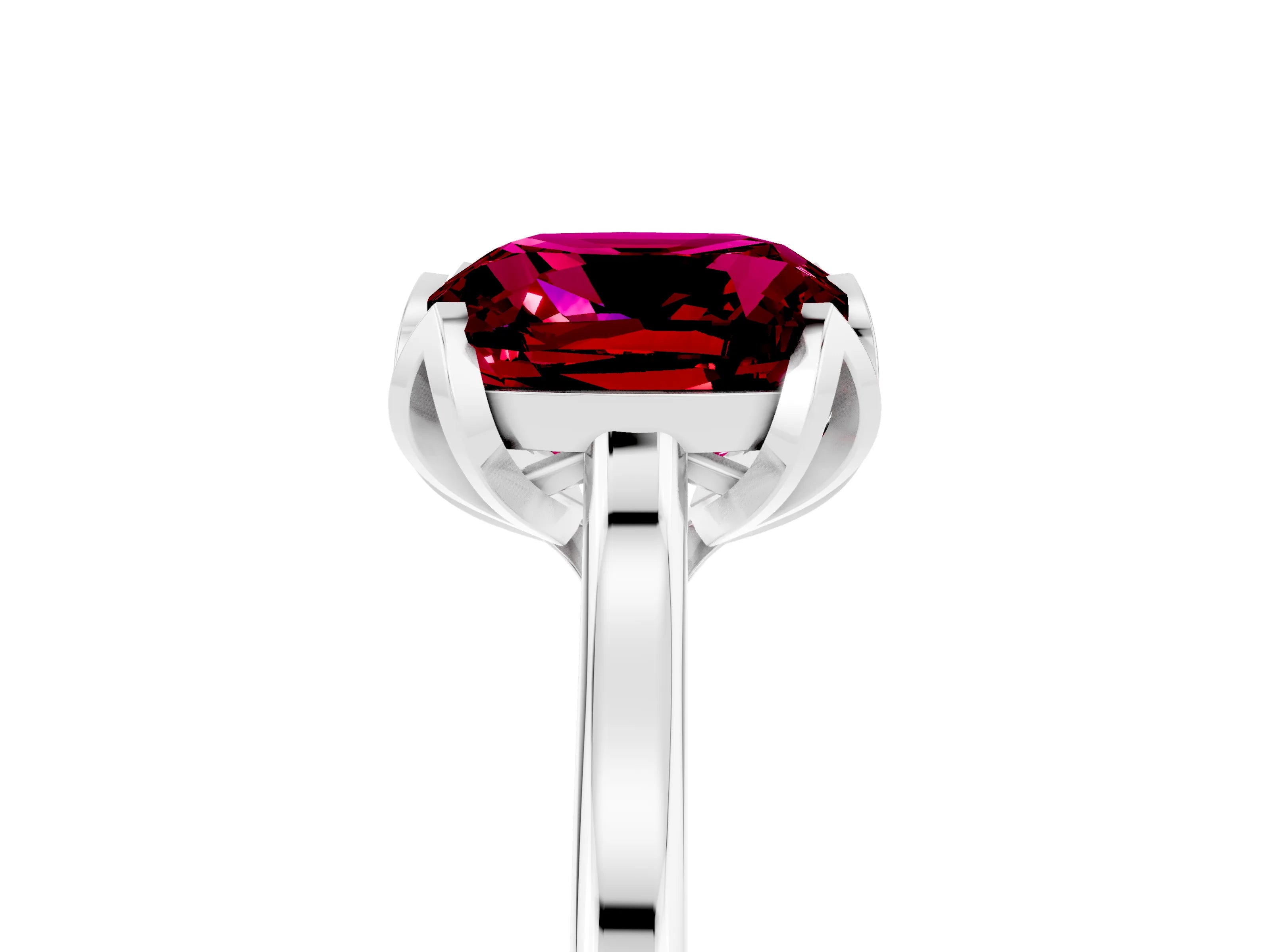 White gold Cushion Cut Garnet Solitaire Ring with Flower Prong Setting and Classic Band_17