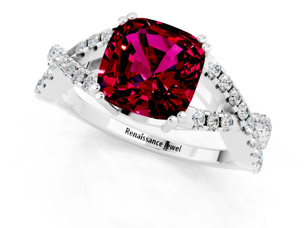 Silver Cushion Cut Garnet Solitaire Ring with Four-Prong Setting and Twisted Pavé Band