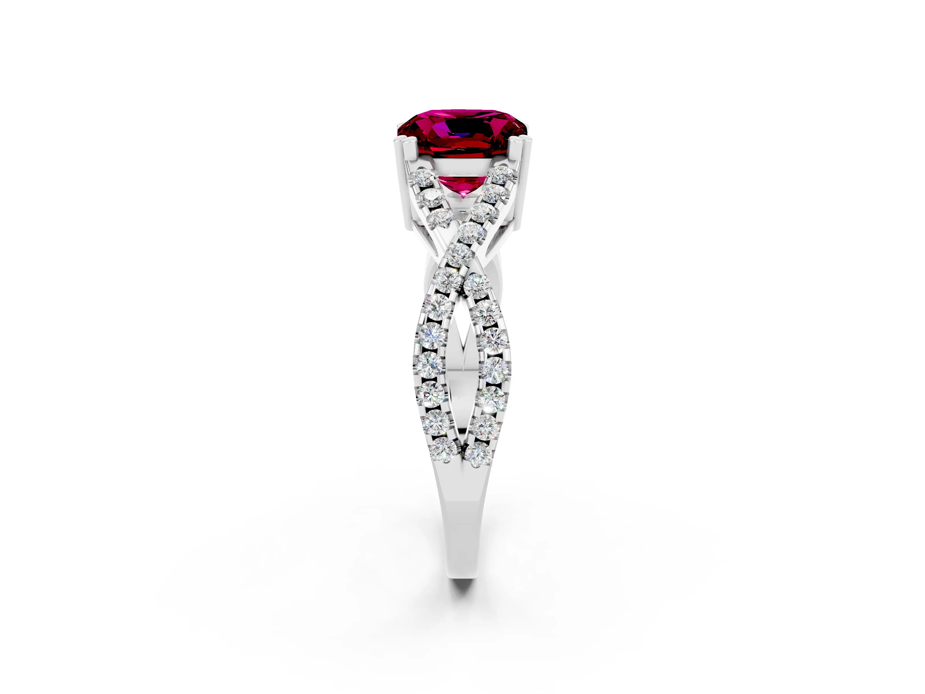 White gold Cushion Cut Garnet Solitaire Ring with Four-Prong Setting and Twisted Pavé Band_2