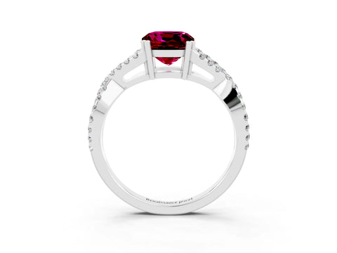 White gold Cushion Cut Garnet Solitaire Ring with Four-Prong Setting and Twisted Pavé Band_3