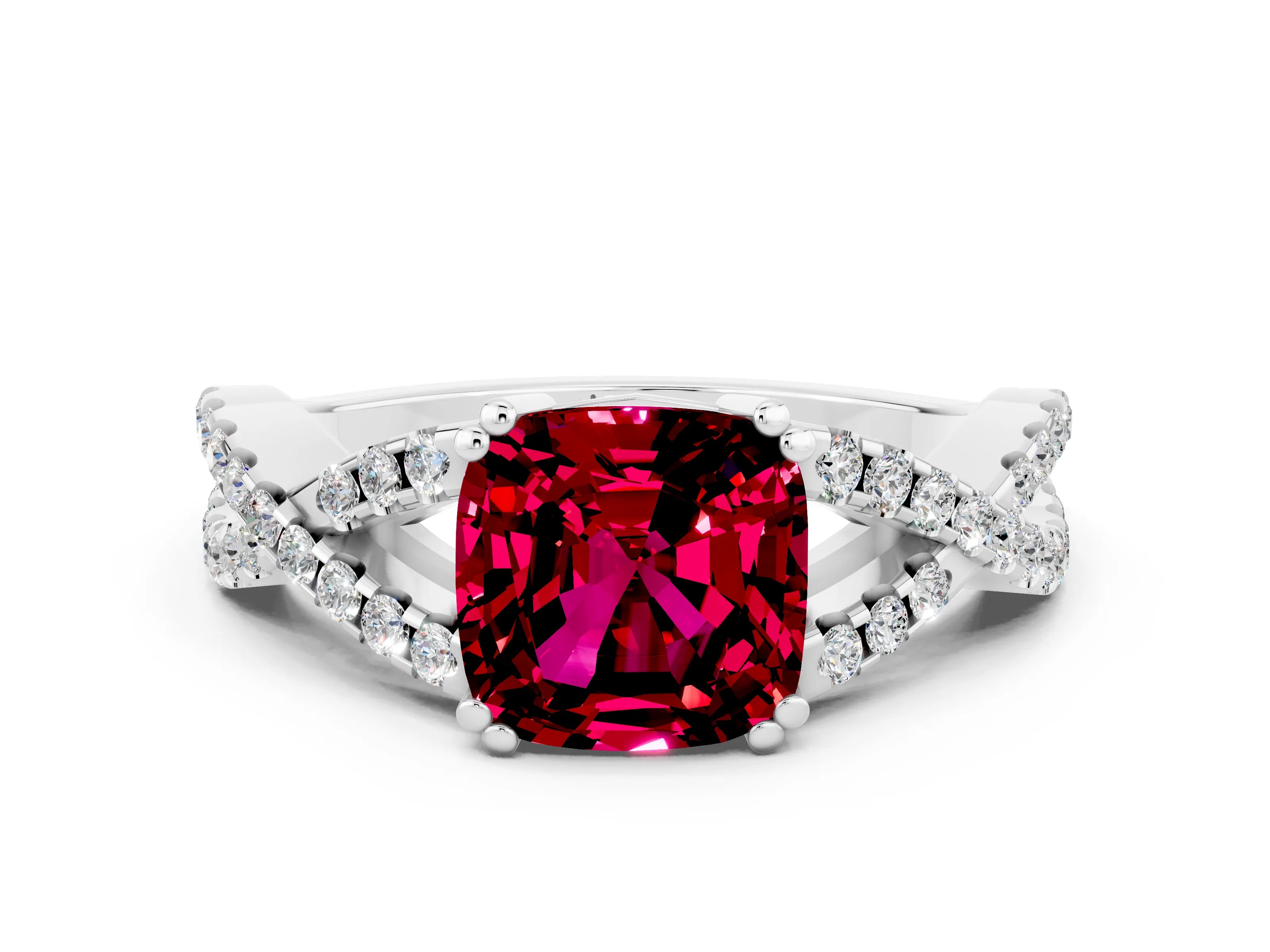 White gold Cushion Cut Garnet Solitaire Ring with Four-Prong Setting and Twisted Pavé Band