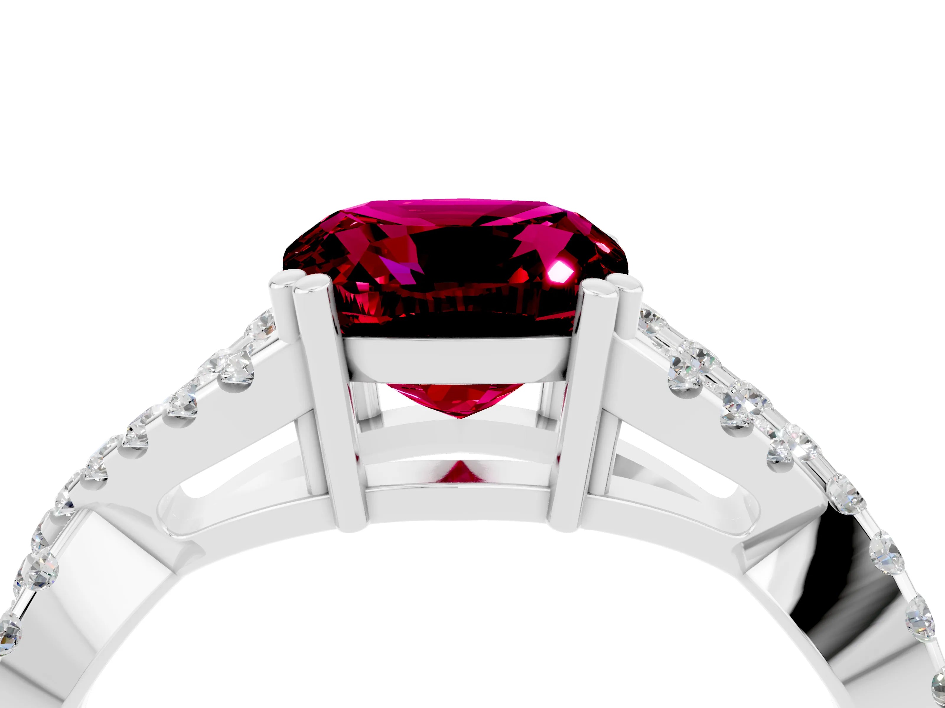White gold Cushion Cut Garnet Solitaire Ring with Four-Prong Setting and Twisted Pavé Band_4