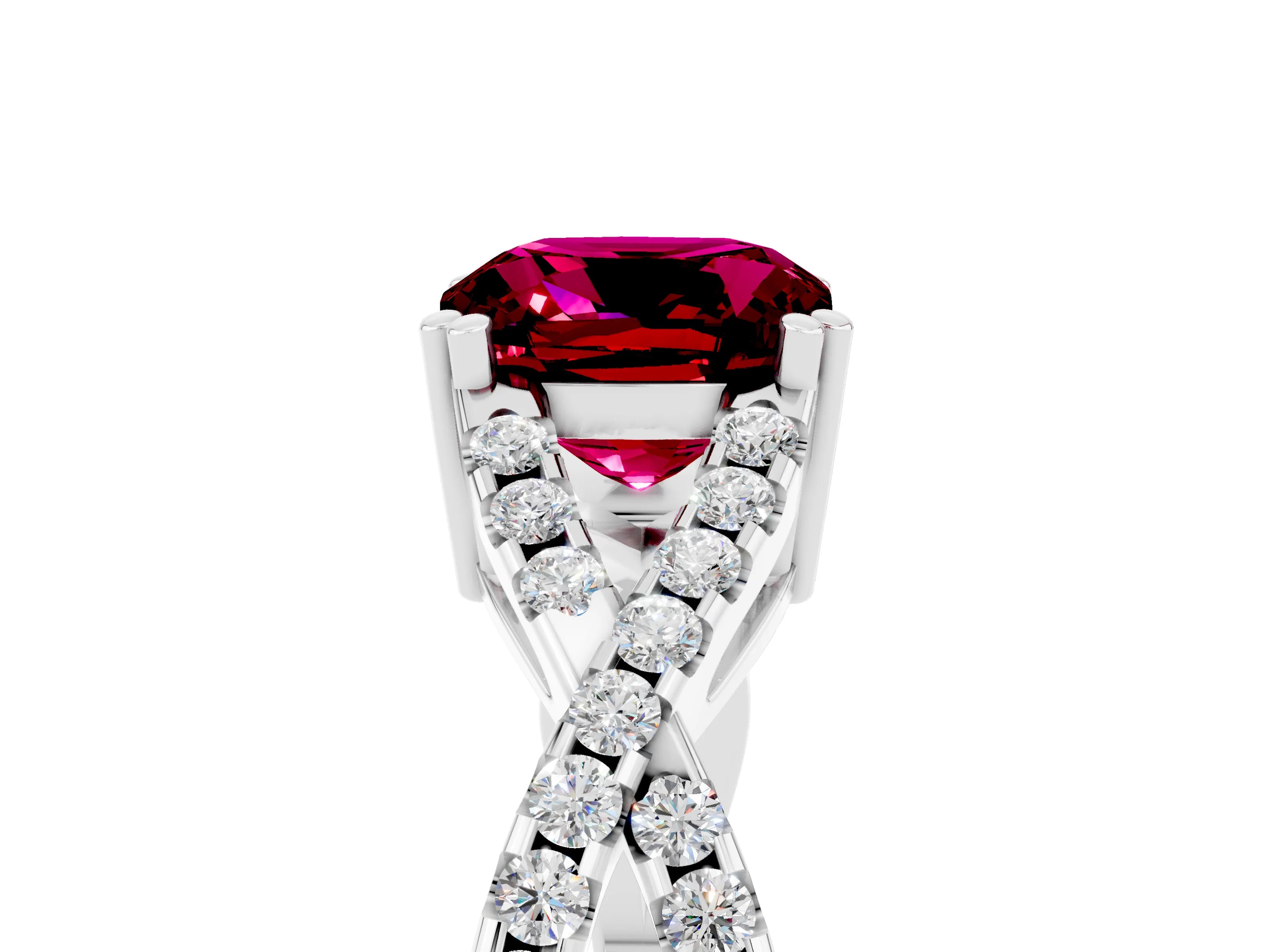 White gold Cushion Cut Garnet Solitaire Ring with Four-Prong Setting and Twisted Pavé Band_5