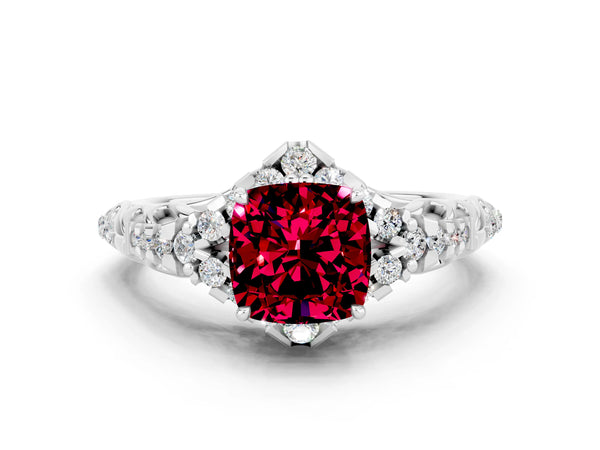 Platinum Cushion Cut Garnet Solitaire Ring with Hidden Halo and Pavé Band